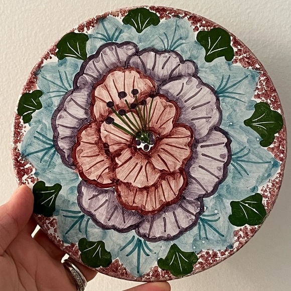 Vintage Hand Painted Redware Floral Round Tile Cork Trivet Wall Decor - Picture 5 of 5